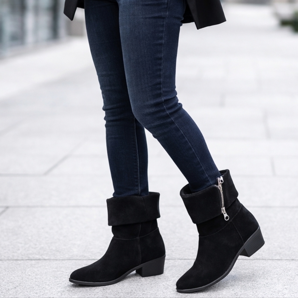 Mossimo Black Suede Fold Over Ankle Boots Size 11 Zipper Low Heel Moto Booties - Picture 1 of 16